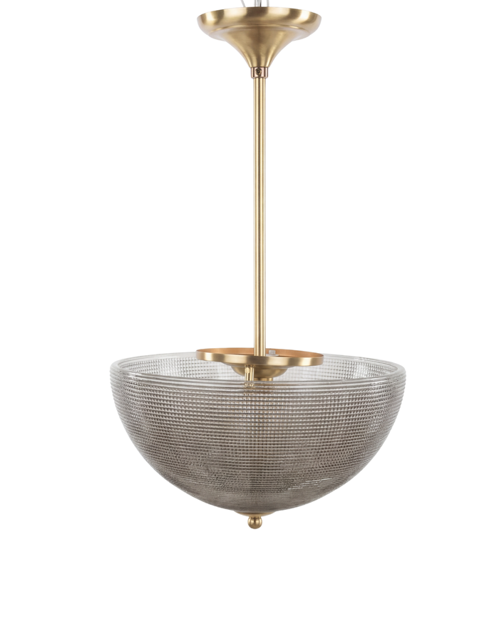 Decorative ceiling light fixture with mesh shade and gold finish on a white background. Discover Aurelia Bowl Luxe Pendant Light by AartaaDecor. Handcrafted solid brass & textured glass pendant, made in India.