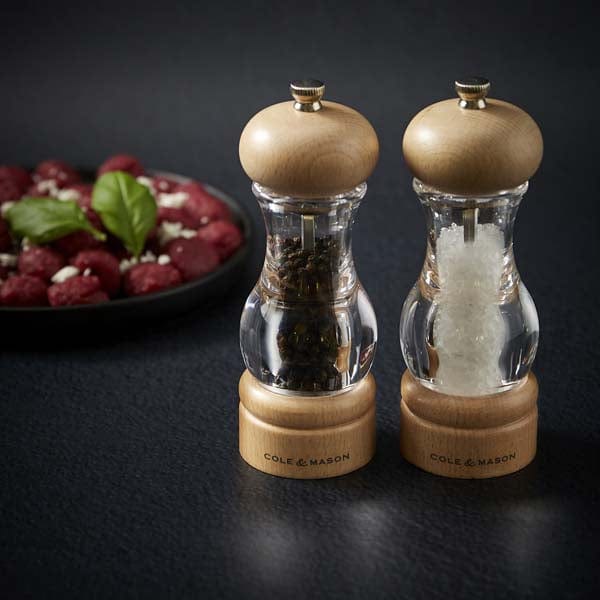 BEECH WOOD & ACRYLIC SALT & PEPPER MILL SET