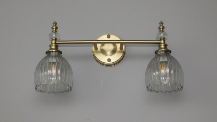 Crystal Crown Double Wall Light with ribbed glass shades and antique brass finish – luxury handcrafted wall lamp by Aartaa Decor
