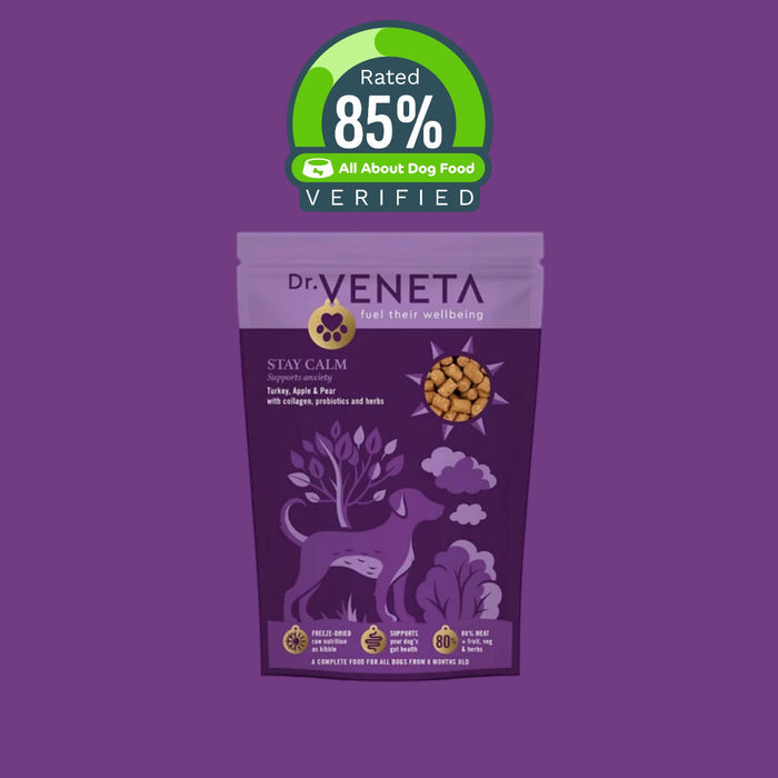 Dr Veneta Stay Calm turkey, apple and pear dog food with 85% verified rating badge