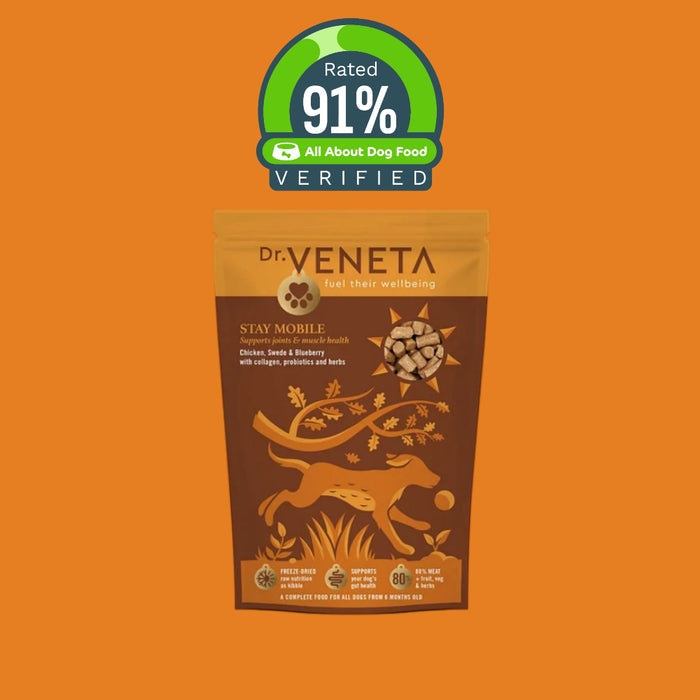 Dr Veneta Stay Mobile dog food with duck, sweet potato and verified 91% rating badge