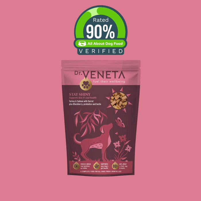 Dr Veneta Stay Shiny turkey and salmon dog food with 90% verified rating badge