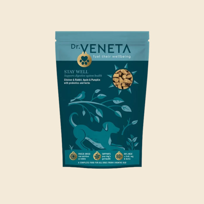 A stand-up pouch of Dr. Veneta Stay Well dog supplements, featuring a teal and dark teal design with a dog silhouette, leaf illustrations, and a circular inset showing the brown capsules inside.