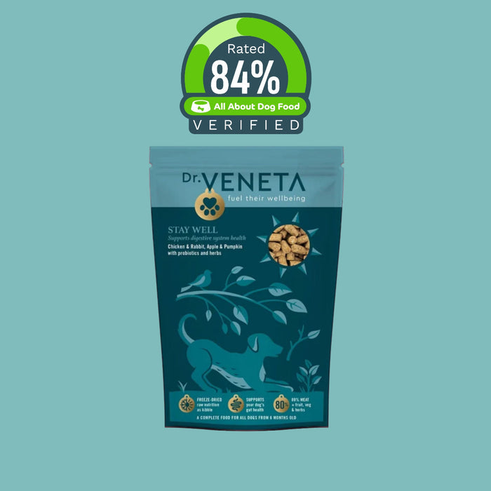 Dr Veneta Stay Well chicken and rabbit dog food with 84% verified rating badge