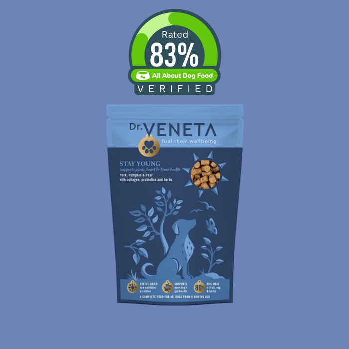 Dr Veneta Stay Young pork, pumpkin and pear dog food with 83% verified rating badge