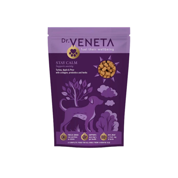 Purple package of Dr. Veneta STAY CALM dog food with a dog illustration on a white background