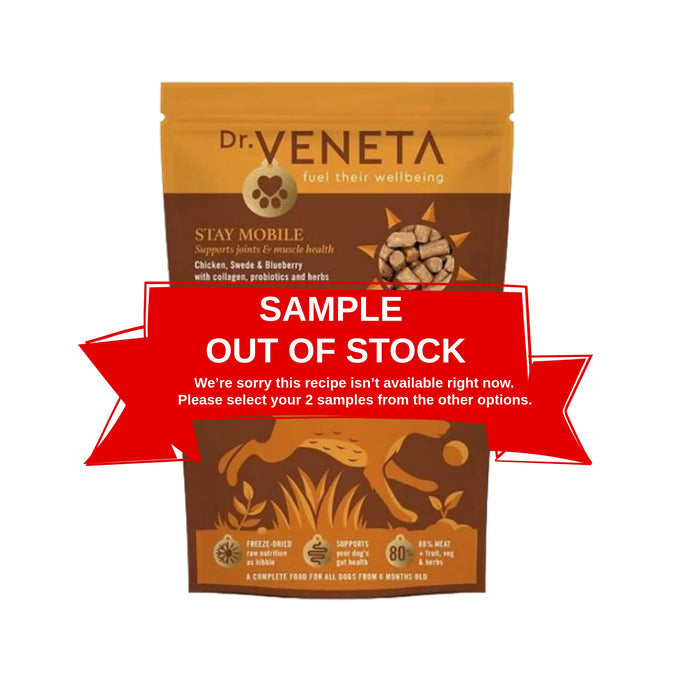 Dr. Veneta pet food package with a 'Sample Out of Stock' banner on a white background