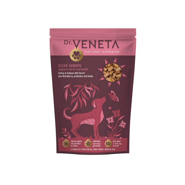 Dr. Veneta STAY SHINY dog food package on a white background