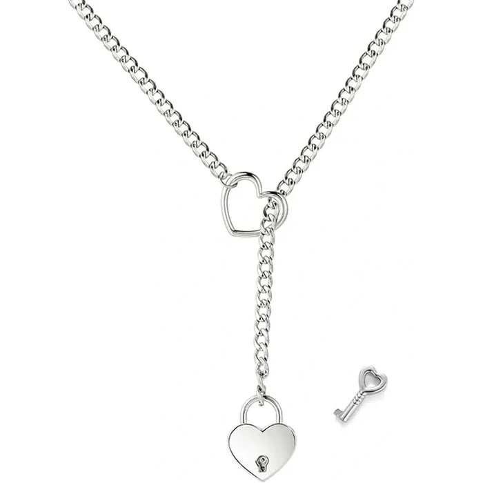 HEART & LOCK-O-RING SLIP CHAIN - Silver