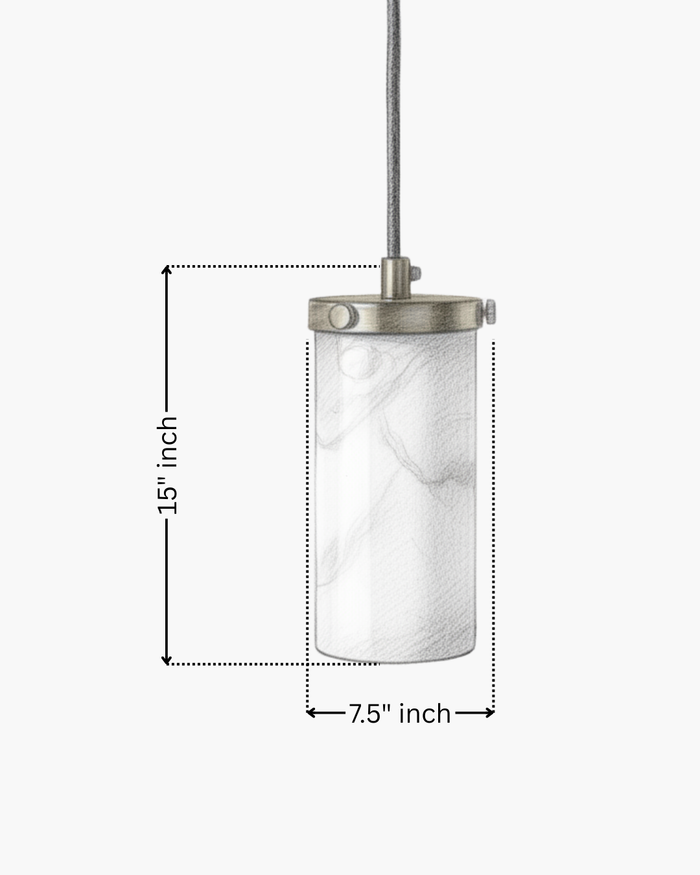 Pendant light with marble glass shade and measurements on a white background