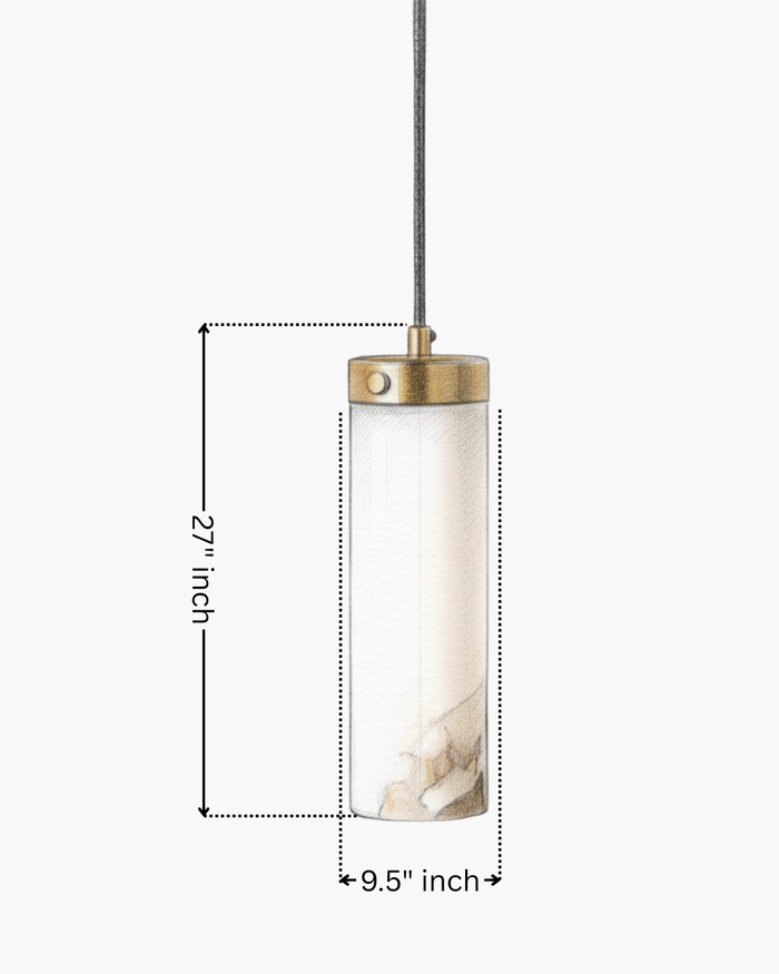Pendant light with dimensions indicated on a white background