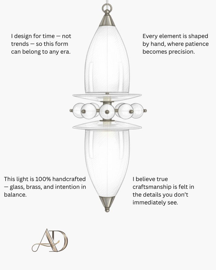 Handcrafted pendant light with text about craftsmanship on a white background