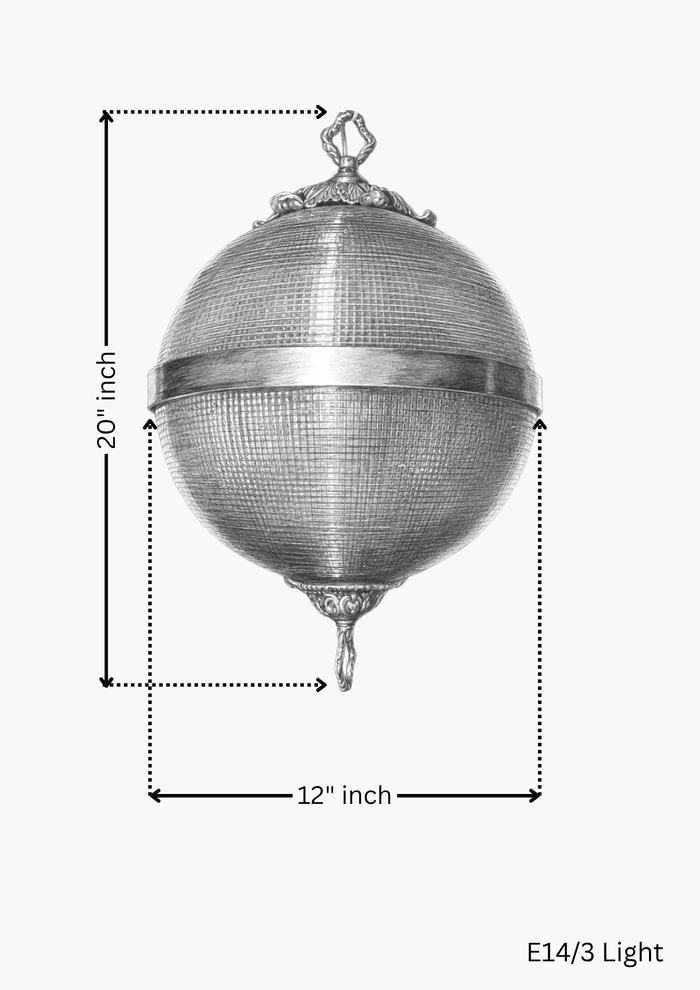 Rajbari Globe Pendant dimensions 12 inch diameter and 20 inch height with 3-light E14 fitting. Measurement chart of a decorative light fixture with dimensions labeled.