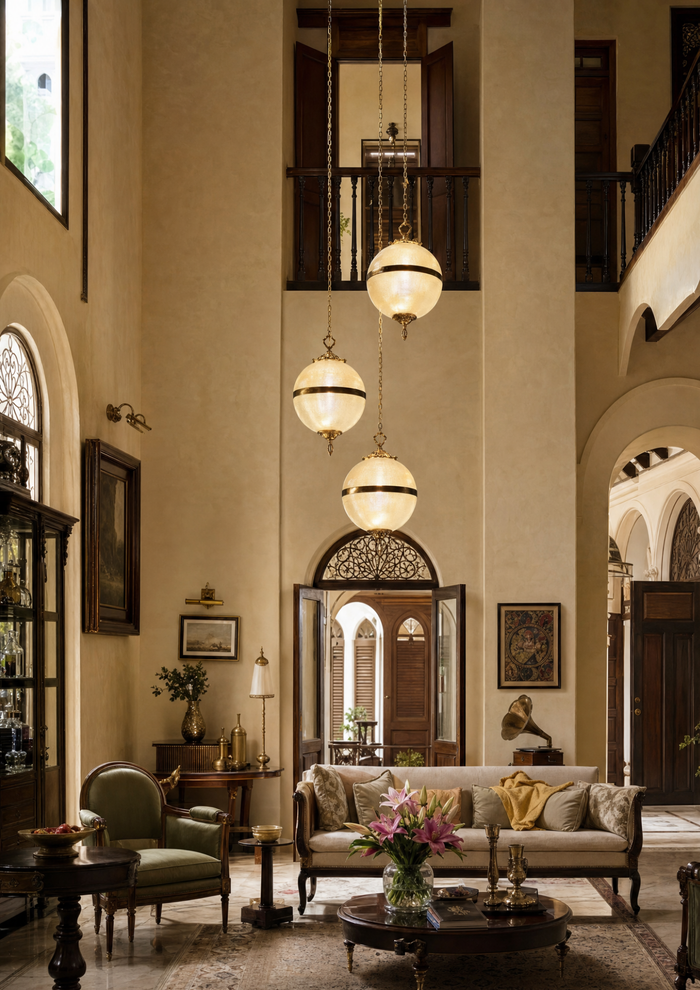 Luxury foyer featuring Rajbari Globe Pendant with warm ambient lighting. Luxurious living room with high ceilings, elegant furniture, and decorative lighting.