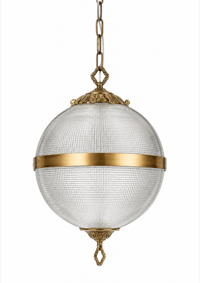 Rajbari Globe Pendant handcrafted brass and textured glass hanging light by Aartaa Decor. Decorative pendant light with gold accents on a white background